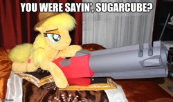 Size: 800x474 | Tagged: safe, artist:ponimalion, imported from derpibooru, applejack, irl, meme, photo, plushie, quake 3, rocket launcher