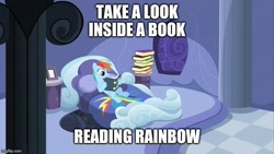 Size: 800x450 | Tagged: safe, edit, edited screencap, imported from derpibooru, screencap, rainbow dash, pony, read it and weep, bed, bedroom, book, exploitable meme, meme, reading, reading rainbow, solo