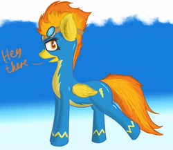 Size: 4096x3563 | Tagged: safe, artist:simplesample, imported from derpibooru, spitfire, pegasus, pony, clothes, cloud, cloudy, dialogue, female, goggles, high res, long neck, looking at you, mare, solo, text, uniform, wonderbolts, wonderbolts uniform