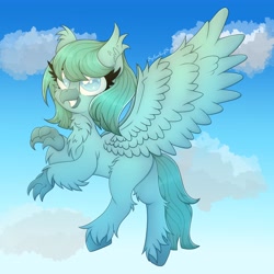 Size: 4096x4096 | Tagged: safe, artist:splashofsweet, imported from derpibooru, oc, oc only, hippogriff, chest fluff, flying, smiling, solo, spread wings, wings