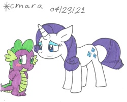Size: 1113x894 | Tagged: safe, artist:cmara, imported from derpibooru, rarity, spike, dragon, pony, unicorn, blushing, eyeshadow, female, makeup, male, mare, shipping, simple background, sparity, straight, traditional art, white background
