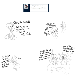 Size: 2000x2000 | Tagged: safe, artist:alazak, imported from derpibooru, cheerilee, oc, oc:the fish, pony, ask, high res, monochrome