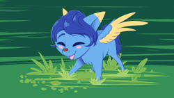 Size: 3497x1966 | Tagged: safe, artist:klarapl, imported from derpibooru, oc, oc only, oc:helmie, insect, ladybug, pegasus, pony, blushing, chibi, colored eartips, colored wings, eyes closed, grass, happy, insect on someone, ladybug on nose, open mouth, open smile, smiling, solo, spread wings, standing, two toned wings, wings