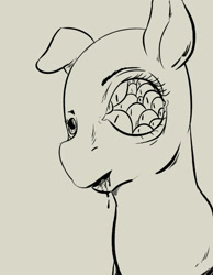 Size: 1400x1800 | Tagged: artist needed, safe, oc, oc only, pony, bust, creepy, drawthread, drool, eye, eyes, grayscale, horror, monochrome, multiple eyes, open mouth, portrait, simple background, solo