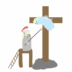 Size: 2048x2048 | Tagged: safe, artist:2merr, derpy hooves, oc, :), :c, blob ponies, cork, cross, crucifixion, dot eyes, drawn on phone, drawthread, duo, frown, helmet, ladder, simple background, smiley face, smiling, spear, stool, tape, weapon, white background