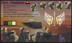 Size: 5000x3000 | Tagged: safe, artist:nsilverdraws, artist:veen, imported from derpibooru, oc, oc only, oc:astral moonsyde, oc:veen sundown, horse, pegasus, pony, unicorn, adorkable, backstory, bio in description, blonde, chest fluff, cute, cutie mark, dork, duo, ear piercing, female, flag, happy, high res, jewelry, laughing, leg fluff, male, mare, name, pegasus oc, piercing, ponytail, reference sheet, size comparison, size difference, smug, spread wings, stallion, standing, startled, sundown clan, sunset, surprised, sword, taildock piercing, text, tired, weapon, wing piercing, wings