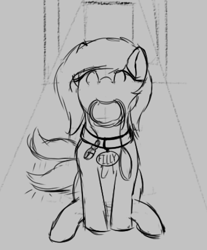 Size: 524x634 | Tagged: safe, artist:barhandar, oc, oc only, oc:filly anon, pony, collar, female, filly, gray background, happy, leash, monochrome, pet tag, pony pet, simple background, sitting, sketch, solo, solo female, tail wag