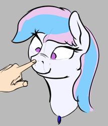Size: 388x451 | Tagged: safe, artist:barhandar, oc, oc only, oc:starburn, boop, bust, female, gray background, hand, head tilt, jewelry, mare, necklace, scrunchy face, simple background