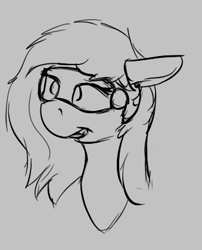 Size: 339x419 | Tagged: safe, artist:barhandar, oc, oc only, oc:filly anon, bust, earbuds, female, filly, gray background, hypnogear, hypnosis, hypnotized, monochrome, open mouth, simple background, sketch, solo, solo female, visor