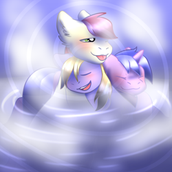 Size: 2000x2000 | Tagged: safe, artist:vinyldraw, cloud kicker, roseluck, sea swirl, seafoam, :3, :p, blushing, cuddle puddle, cuddling, ear fluff, hot springs, mist, pony pile, spa, spiral, tongue out