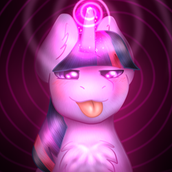 Size: 2000x2000 | Tagged: safe, artist:vinyldraw, twilight sparkle, :p, blushing, bust, chest fluff, ear fluff, female, hypnosis, looking at you, magic, mare, solo, solo female, spiral, tongue out