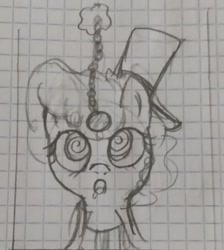 Size: 1289x1440 | Tagged: artist needed, safe, oc, oc only, drool, graph paper, hat, hypno eyes, hypnosis, hypnotized, magic, monochrome, open mouth, pencil drawing, pendulum swing, sketch, solo, telekinesis, top hat, traditional art