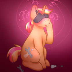 Size: 2000x2000 | Tagged: safe, artist:vinyldraw, oc, oc only, blindfold, ear plugs, earbuds, female, gradient background, hypnogear, hypnosis, hypnotized, mare, open mouth, raised hoof, screwdriver, sitting, solo, solo female, spiral, wrench