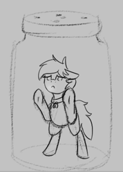 Size: 277x388 | Tagged: safe, artist:barhandar, oc, oc only, oc:zephyr, pony, against glass, bottle, collar, female, glass, gray background, jar, mare, monochrome, pet tag, pony in a bottle, pony pet, sad, simple background, sketch, solo, solo female, standing, trapped