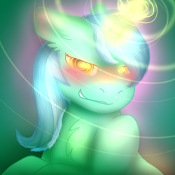 Size: 2000x2000 | Tagged: safe, artist:vinyldraw, lyra heartstrings, chest fluff, ear fluff, female, floppy ears, gradient background, hypno eyes, hypnosis, hypnotized, looking at you, magic, mare, smiling, smirk, smug, solo, solo female, spiral