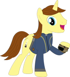Size: 3224x3546 | Tagged: safe, artist:ponygamer2020, artist:porygon2z, imported from derpibooru, oc, oc only, oc:hocus pocus, pony, unicorn, fallout equestria, absurd resolution, clothes, fallout, high res, horn, jumpsuit, looking at you, male, open mouth, pipboy, simple background, solo, stallion, suit, transparent background, unicorn oc, vault suit, vector