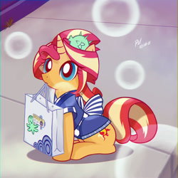 Size: 1280x1280 | Tagged: safe, artist:branewashpv, artist:theratedrshimmer, imported from derpibooru, sunset shimmer, pony, unicorn, eqg summertime shorts, equestria girls, good vibes, 90s anime, bag, chromatic aberration, clothes, cute, daaaaaaaaaaaw, hnnng, looking up, mouth hold, particles, ponified, shimmerbetes, shopping bag, solo, sunset sushi