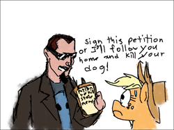 Size: 800x600 | Tagged: safe, anonymous artist, imported from derpibooru, applejack, human, pony, abuse, animal abuse, clipboard, clothes, death threat, facial hair, goatee, petition, postal, postal 2, postal dude, sunglasses, sweat, threat, trenchcoat