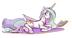 Size: 1260x666 | Tagged: safe, artist:nadnerbd, imported from derpibooru, princess celestia, alicorn, pony, book, concave belly, dock, glowing, glowing horn, hooves, horn, looking back, lying down, magic, on side, partially open wings, pillow, reading, rug, sketch, slim, solo, sternocleidomastoid, telekinesis, thin, wings