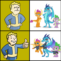 Size: 1350x1365 | Tagged: safe, artist:andoanimalia, artist:ponygamer2020, artist:tomfraggle, edit, edited screencap, imported from derpibooru, screencap, princess ember, smolder, spike, dragon, fallout equestria, school daze, triple threat, amused, claws, clothes, crossed arms, cute, dragon trio, dragon wings, dragoness, dragons wearing clothes, drama, fallout, female, flying, happy, horns, hotline bling, jumpsuit, looking at you, male, meme, open mouth, pipboy, simple background, smiling, smiling at you, teeth, trio, unamused, vault boy, vault boy is not amused, vault suit, vector, waving, waving at you, white background, wings