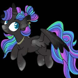 Size: 1080x1080 | Tagged: safe, artist:t.w.magicsparkel.9, imported from derpibooru, oc, alicorn, pony, alicorn oc, black background, ear piercing, earring, eyelashes, female, horn, jewelry, mare, necklace, piercing, simple background, smiling, wings
