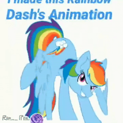 Size: 720x720 | Tagged: safe, artist:t.w.magicsparkel.9, imported from derpibooru, rainbow dash, pegasus, pony, animated, eyelashes, female, flying, grammar error, mare, no sound, simple background, smiling, smirk, solo, watermark, webm, white background, wings