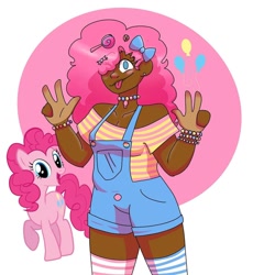 Size: 1080x1080 | Tagged: safe, artist:bunny_b0nez, imported from derpibooru, pinkie pie, earth pony, human, pony, :p, bow, bracelet, candy, clothes, cutie mark background, dark skin, duo, eyelashes, female, food, hair bow, hair over one eye, headcanon, humanized, jewelry, lgbt headcanon, lollipop, mare, overalls, peace sign, raised hoof, self ponidox, sexuality headcanon, smiling, socks, striped socks, tongue out
