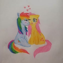Size: 1080x1080 | Tagged: safe, artist:spaceyfish, imported from derpibooru, fluttershy, rainbow dash, pegasus, pony, blushing, eyelashes, female, flutterdash, heart, lesbian, mare, one eye closed, shipping, traditional art, wingless, wink