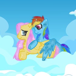Size: 768x768 | Tagged: safe, artist:spaceyfish, imported from derpibooru, fluttershy, rainbow dash, pegasus, pony, cloud, eyelashes, female, flutterdash, lesbian, mare, on a cloud, outdoors, shipping, smiling, wings