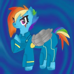 Size: 768x768 | Tagged: safe, artist:spaceyfish, imported from derpibooru, rainbow dash, pegasus, pony, abstract background, alternate timeline, amputee, apocalypse dash, artificial wings, augmented, clothes, crystal war timeline, eye scar, eyelashes, female, frown, mare, prosthetic limb, prosthetic wing, prosthetics, raised hoof, scar, solo, torn ear, wings