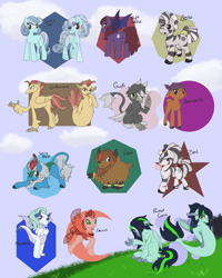 Size: 960x1200 | Tagged: safe, imported from derpibooru, oc, bat pony, buffalo, changedling, changeling, crystal pony, dragon, griffon, hippogriff, kirin, seapony (g4), yak, zebra, bat pony oc, bat wings, buffalo oc, changedling oc, changeling oc, crystal pony oc, dragon oc, griffon oc, group, hippogriff oc, kirin oc, seaponified, seapony oc, species swap, wings, yak oc, zebra oc