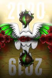 Size: 1080x1596 | Tagged: safe, artist:jvartes6112, imported from derpibooru, oc, oc only, oc:jv6112, alicorn, pony, 2019, 2020, alicorn oc, bust, duality, flower, harsher in hindsight, horn, male, rose, spread wings, stallion, two toned wings, wings