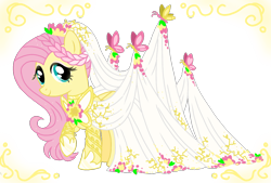 Size: 1596x1080 | Tagged: safe, alternate version, artist:jvartes6112, imported from derpibooru, fluttershy, butterfly, pegasus, pony, braid, clothes, dress, eyelashes, female, hoof shoes, mare, raised hoof, simple background, smiling, solo, transparent background, wedding dress