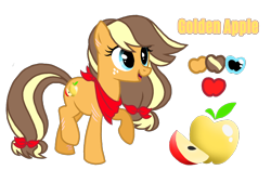 Size: 1596x1080 | Tagged: safe, artist:jvartes6112, imported from derpibooru, oc, oc only, oc:golden apple, earth pony, pony, apple, bow, earth pony oc, eyelashes, female, food, freckles, hair bow, mare, neckerchief, offspring, parent:applejack, parent:caramel, parents:carajack, reference sheet, simple background, solo, transparent background