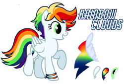 Size: 1596x1080 | Tagged: safe, artist:jvartes6112, imported from derpibooru, oc, oc only, oc:rainbow clouds, pegasus, pony, bracelet, eyelashes, female, jewelry, mare, multicolored hair, offspring, open mouth, parent:rainbow dash, parent:soarin', parents:soarindash, pegasus oc, rainbow hair, raised hoof, reference sheet, simple background, solo, transparent background, wings