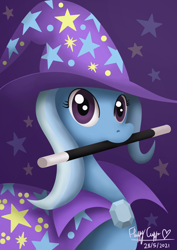 Size: 1240x1754 | Tagged: safe, artist:missfluffycuffs, imported from derpibooru, trixie, pony, bust, cape, clothes, female, hat, looking at you, mare, mouth hold, simple background, solo, trixie's brooch, trixie's cape, trixie's hat