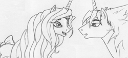 Size: 628x286 | Tagged: safe, artist:leovictor, edit, imported from derpibooru, oc, oc:damian mitsugi hiraga, oc:nyx, alicorn, unicorn, alicorn oc, female, horn, husband and wife, male, monochrome, oc x oc, older nyx, shipping, simple background, straight, unicorn oc, white background, wings