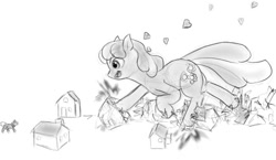 Size: 850x494 | Tagged: safe, artist:alloyrabbit, imported from derpibooru, cheerilee, earth pony, pony, crushing, destruction, female, giant pony, giantess, houses, macro, mare, monochrome, running, unaware