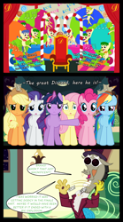 Size: 1280x2300 | Tagged: safe, artist:bigsnusnu, imported from derpibooru, applejack, discord, fluttershy, pinkie pie, rainbow dash, rarity, twilight sparkle, draconequus, earth pony, pegasus, unicorn, comic:dusk shine in pursuit of happiness, candy, candy cane, chair, charlie and the chocolate factory, clapping, curtains, dusk shine, food, happy, puppet, roald dahl, rule 63, singing, suspicious, throne, willy wonka