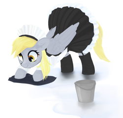 Size: 1278x1227 | Tagged: safe, artist:some_ponu, imported from derpibooru, derpy hooves, pegasus, pony, bucket, clothes, maid, simple background, solo, white background