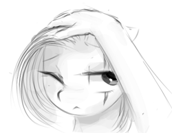 Size: 458x355 | Tagged: safe, artist:some_ponu, imported from derpibooru, oc, oc only, oc:houl2902, human, pony, eye scar, hand, human on pony petting, monochrome, one eye closed, petting, scar, simple background, sketch, stroke