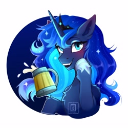 Size: 3543x3543 | Tagged: safe, artist:buvanybu, imported from derpibooru, princess luna, alicorn, pony, alcohol, blushing, chest fluff, cider, cute, cute little fangs, drink, drunk, ear blush, ear fluff, ethereal mane, eyelashes, eyeshadow, fangs, female, glowing mane, go home you're drunk, high res, horseshoes, jewelry, leg fluff, looking at you, lunabetes, makeup, mare, mug, shoulder fluff, simple background, smiling, smiling at you, solo, sparkles, starry mane, tiara, white background