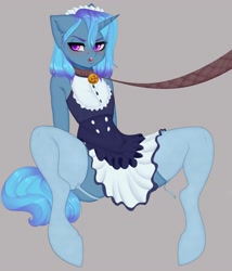 Size: 3000x3500 | Tagged: safe, artist:evlass, imported from derpibooru, oc, oc only, oc:clover glaze, anthro, pony, unguligrade anthro, unicorn, bell, bell collar, cat bell, clothes, collar, commission, garter belt, garters, high res, leash, maid, open mouth, pet play, socks, solo, stockings, thigh highs, ych sketch, your character here