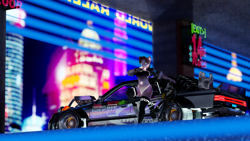 Size: 3840x2160 | Tagged: safe, alternate version, artist:checkered, imported from derpibooru, oc, oc only, oc:libi, anthro, earth pony, 3d, blender, car, city, clothes, curvy, cyberpunk, ear piercing, eating, female, food, futuristic, gun, high res, hologram, hourglass figure, jacket, one-piece swimsuit, outdoors, parking lot, piercing, racecar, rifle, sandwich, shoes, sneakers, sniper, sniper rifle, socks, solo, solo female, subaru, subaru legacy, swimsuit, thigh highs, vehicle, weapon