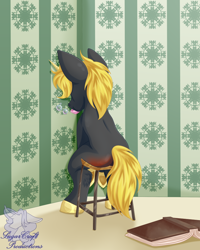 Size: 768x960 | Tagged: safe, artist:sugardust-charm, imported from derpibooru, oc, oc only, pony, unicorn, book, bubble, butt blush, colt, male, reddened butt, sitting, soap, solo, spank mark, spanked, stool, time out