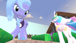 Size: 1280x720 | Tagged: safe, artist:hero361, imported from derpibooru, princess celestia, princess luna, alicorn, pony, 3d, female, giant pony, giantess, gmod, macro, mare, s1 luna, size difference