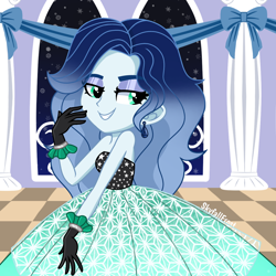 Size: 1448x1448 | Tagged: safe, artist:skyfallfrost, imported from derpibooru, oc, oc only, oc:azure blush, oc:skyfall frost, equestria girls, bare shoulders, clothes, dress, female, gloves, sleeveless, solo, strapless