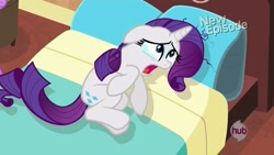 Size: 1280x720 | Tagged: safe, imported from derpibooru, screencap, rarity, pony, unicorn, rarity takes manehattan, season 4, bed, crying, drama queen, female, hub logo, new episode, open mouth, rarity being rarity, solo