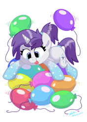 Size: 1024x1449 | Tagged: safe, artist:praisecastiel, imported from derpibooru, oc, oc:indigo wire, unicorn, balloon, balloon riding, balloon sitting, coat markings, cute, female, mare, party balloon, ponytail, socks (coat markings), that pony sure does love balloons, tongue out