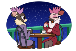 Size: 1800x1200 | Tagged: safe, artist:redahfuhrerking, imported from derpibooru, dancer (tfh), vixen (tfh), anthro, deer, reindeer, them's fightin' herds, clothes, coffee, coffee mug, community related, cup, duo, female, hand over mouth, laughing, mug, smiling